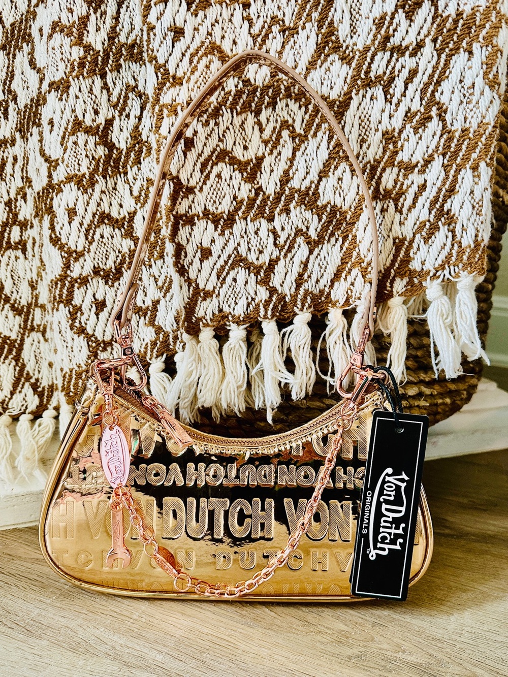 NWT Von Dutch Rose Gold Metallic Embossed Shoulder Bag with Chain